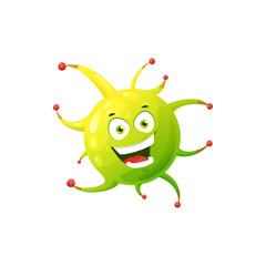 Cartoon virus cell vector icon, furry bacteria or germ character with toothy smiling face. Covid pathogen microbe monster with big wide open eyes, isolated coronavirus yellow green cell with hairs