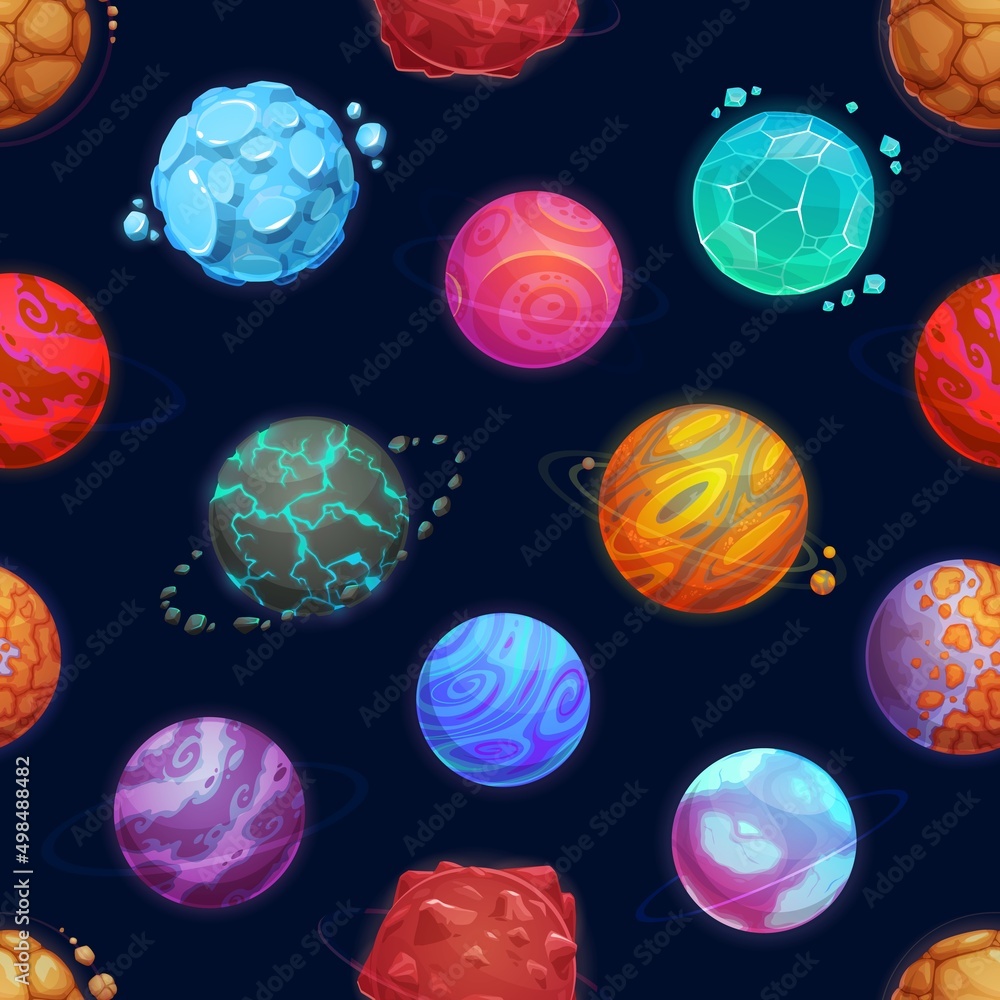 Poster cartoon space planets and stars seamless pattern vector background. fantasy galaxy world of aliens a