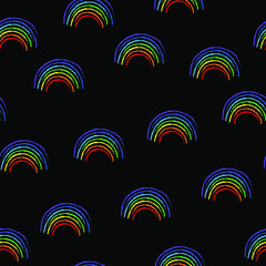 Rainbow on black back vector seamless pattern