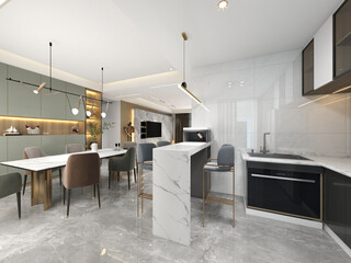 3D rendering,Spacious modern luxurious kitchen with bar design.