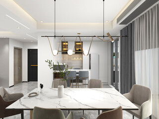 3D rendering,Spacious modern luxurious kitchen with bar design.