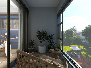 3D rendering, spacious and bright urban residential closed balcony design, green plants with wooden tables and chairs are leisure and comfortable.