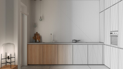 Architect interior designer concept: hand-drawn draft unfinished project that becomes real, kitchen, sink with tap, induction hob, oven, glass lamp, marble top and concrete tiles