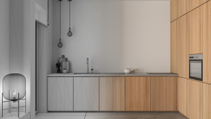 Architect interior designer concept: hand-drawn draft unfinished project that becomes real, kitchen, sink with tap, induction hob, oven, glass lamp, marble top and concrete tiles