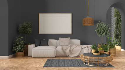 Frame mockup, wooden nordic living room in gray tones with parquet and arched walls, sofa, carpet, lamp, rattan table, potted plants and decors. Modern scandinavian interior design