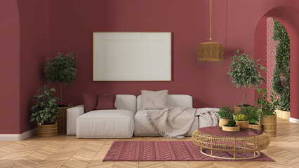 Frame mockup, wooden nordic living room in red tones with parquet and arched walls, sofa, carpet, lamp, rattan table, potted plants and decors. Modern scandinavian interior design