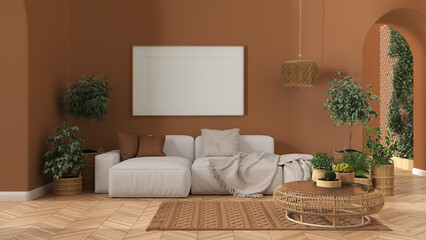 Frame mockup, wooden nordic living room in orange tones with parquet and arched walls, sofa, carpet, lamp, rattan table, potted plants and decors. Modern scandinavian interior design