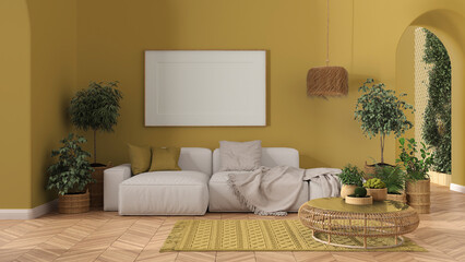 Frame mockup, wooden nordic living room in yellow tones with parquet and arched walls, sofa, carpet, lamp, rattan table, potted plants and decors. Modern scandinavian interior design
