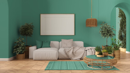 Frame mockup, wooden nordic living room in turquoise tones, parquet and arched walls, sofa, carpet, lamp, rattan table, potted plants and decors. Modern scandinavian interior design