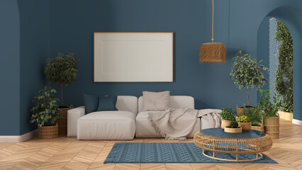 Frame mockup, wooden nordic living room in blue tones with parquet and arched walls, sofa, carpet, lamp, rattan table, potted plants and decors. Modern scandinavian interior design