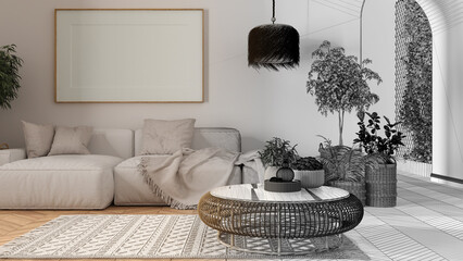 Architect interior designer concept: hand-drawn draft unfinished project that becomes real, living room with parquet, frame mockup, sofa, rattan table, potted plants, pillows
