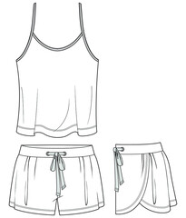 Women pyjama sleepwear vector illustration. pajamas with camisole top and drawstring short pant technical drawing garment flat sketch. front and side view template CAD mockup. 
