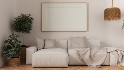 Wooden scandinavian living room close up in white tones, frame mockup with copy space, white fabric sofa with pillows, blanket and plants. Modern minimalist interior design concept