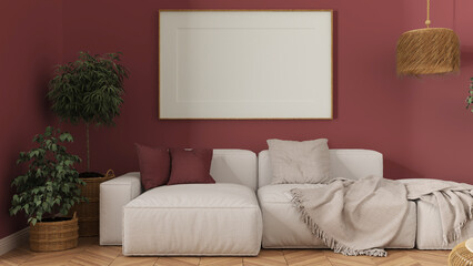 Wooden scandinavian living room close up in red tones, frame mockup with copy space, white fabric sofa with pillows, blanket and plants. Modern minimalist interior design concept