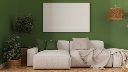 Wooden scandinavian living room close up in green tones, frame mockup with copy space, white fabric sofa with pillows, blanket and plants. Modern minimalist interior design concept