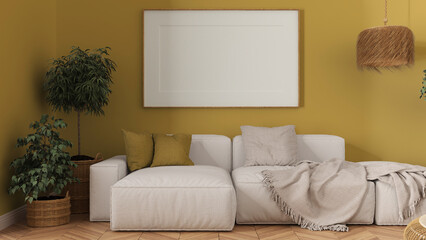 Wooden scandinavian living room close up in yellow tones, frame mockup with copy space, white fabric sofa with pillows, blanket and plants. Modern minimalist interior design concept