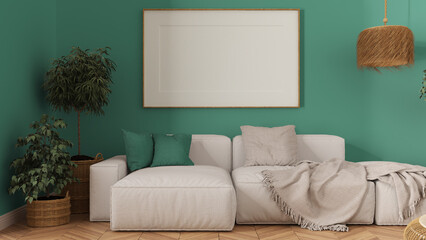 Wooden scandinavian living room close up in turquoise tones, frame mockup with copy space, white fabric sofa with pillow, blanket and plants. Modern minimalist interior design concept