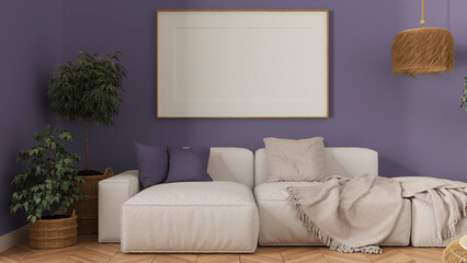 Wooden scandinavian living room close up in purple tones, frame mockup with copy space, white fabric sofa with pillows, blanket and plants. Modern minimalist interior design concept