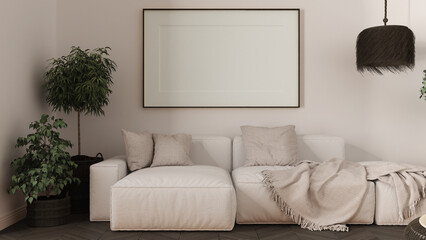 Wooden scandinavian living room close up in dark tones, frame mockup with copy space, white fabric sofa with pillows, blanket and plants. Modern minimalist interior design concept