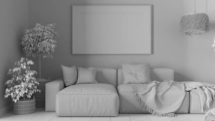Total white project draft, wooden scandinavian living room close up, frame mockup with copy space, white sofa with pillows, blanket, plants. Modern minimalist interior design concept