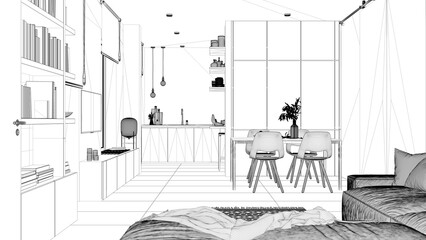 Blueprint project draft, minimalist living room and kitchen, concrete tiles, sofa, dining table, chairs, wooden bookshelf and cabinets, sliding door, architecture interior design