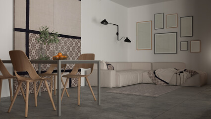 Minimalist cozy living and dining room in white tones, modern table with wooden chairs, sofa, blanket, carpet and fabric sliding door, frame mockup with copy space, interior design