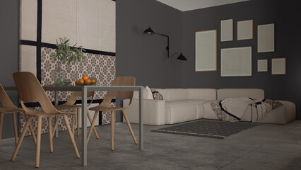 Minimalist cozy living and dining room in gray tones, modern table with wooden chairs, sofa, blanket, carpet and fabric sliding door, frame mockup with copy space, interior design