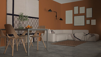 Minimalist cozy living and dining room in orange tones, modern table with wooden chairs, sofa, blanket, carpet and fabric sliding door, frame mockup with copy space, interior design