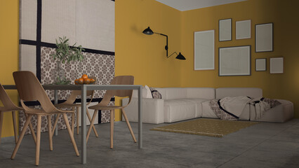 Minimalist cozy living and dining room in yellow tones, modern table with wooden chairs, sofa, blanket, carpet and fabric sliding door, frame mockup with copy space, interior design