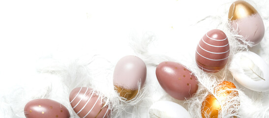 Happy easter. Easter poster pink easter eggs on white background Spring Easter holiday banner with copy space.Easter card