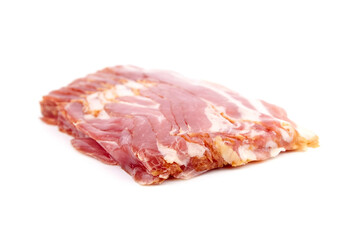 Bacon strips, raw smoked pork meat slices isolated on white