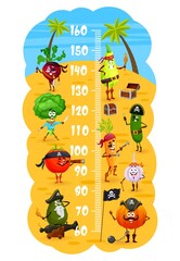 Kids height chart with cartoon vegetables pirates and corsairs, vector growth measure meter. Funny pirate cucumber, garlic and tomato, pumpkin and carrot, beet and avocado, broccoli in tricorne hat