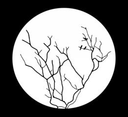 Illustration of Dead Tree Trunk at Winter night in front of a Full Moon in Black and White