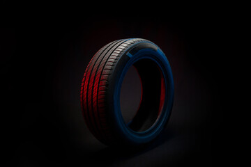 New car tire. Road wheel on dark background. Summer Tire with asymmetric tread design. Driving car concept.