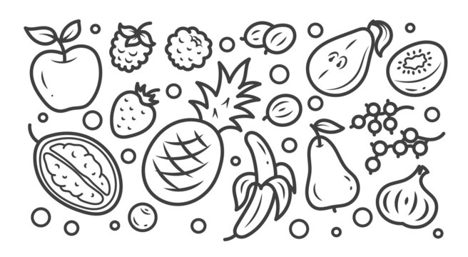 A set of illustrations of tropical exotic and garden fruits. Doodles,cartoon isolated on a white background.	