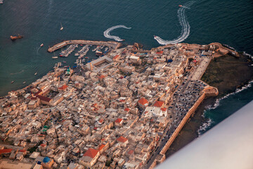 Aerial Panoramic view from privat aircraft of showing summer sunset view of Acco, Acre, Akko...
