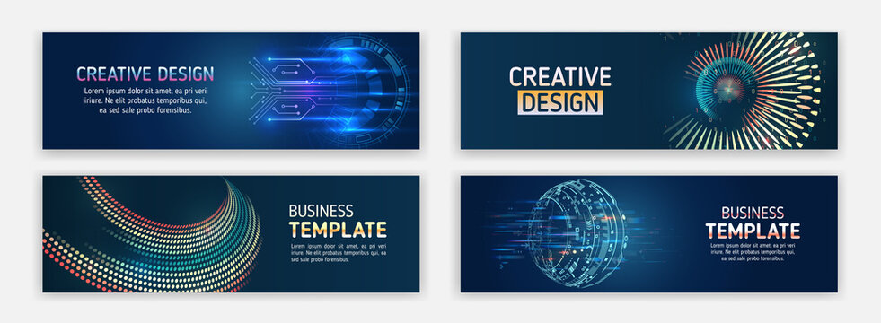 Abstract horizontal promotion media cover design. Big data futuristic web background. Visualization of data arrays, databases. Information flow, sorting. Set of Hi-tech banner templates for websites.