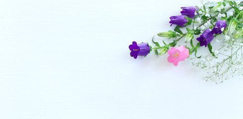 spring bouquet of purple and pink bell flowers over white wooden background