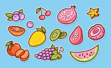 A set of stickers of tropical exotic and garden fruits. Doodles,cartoon isolated on a white background.	