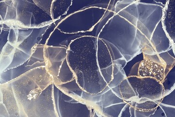 Abstract navy marble illustration background, fluid golden paint, wallpaper for copy space 