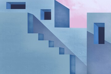 art of blue architecture boiling with stairs, windows and pink sunset sky on background, geometric shapes 