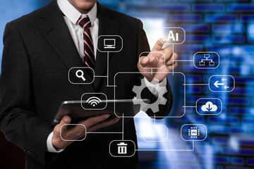 Digital marketing media in virtual icon globe shape business open his hand, working touch screen tablet.