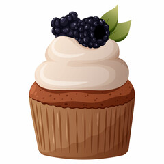 Cupcake with whipped cream and blackberries. Vector image of a cake on a transparent background. Elements of confectionery, baking, bakery, sweets.