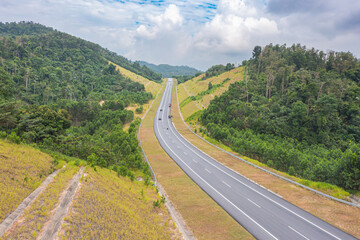 Aerial view of the new popular Temiang Pantai Highway. The highway went viral due to some postings in social media and the scenery view. Federal Route 366 is a road in Negeri Sembilan, Malaysia.