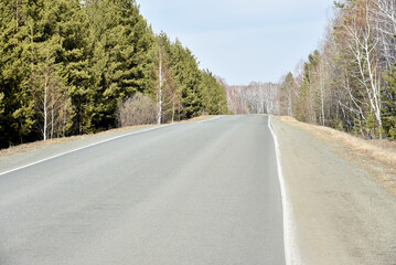 Spring forest and snow and asphalt road