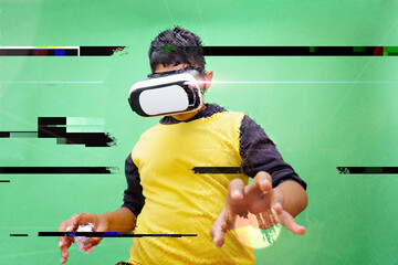 a boy using virtual reality simulator headset on green background - Powered by Adobe