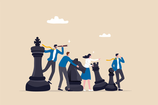 Strategy To Win Competition, Teamwork Help Plan Strategic Idea To Fight And Achieve Business Victory, Challenge Concept, Business People Team Players Stand Strong With King, Knight Chess Pieces.