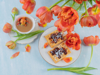 Scarlet, red tulips in a vase and a white cup with coffee and French waffles. The concept of congratulations and old holidays. There is a place for text.