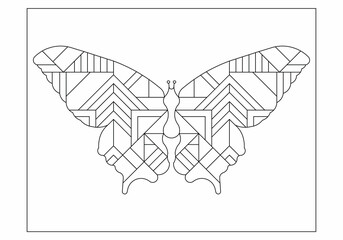 Drawing of a butterfly with abstract art deco motif. Beautiful wildlife insect. Easy coloring page for digital detox. Anti stress EPS8 #504