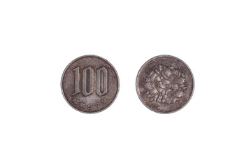 Japan coin 100 yen, black background. close-up, obverse and reverse